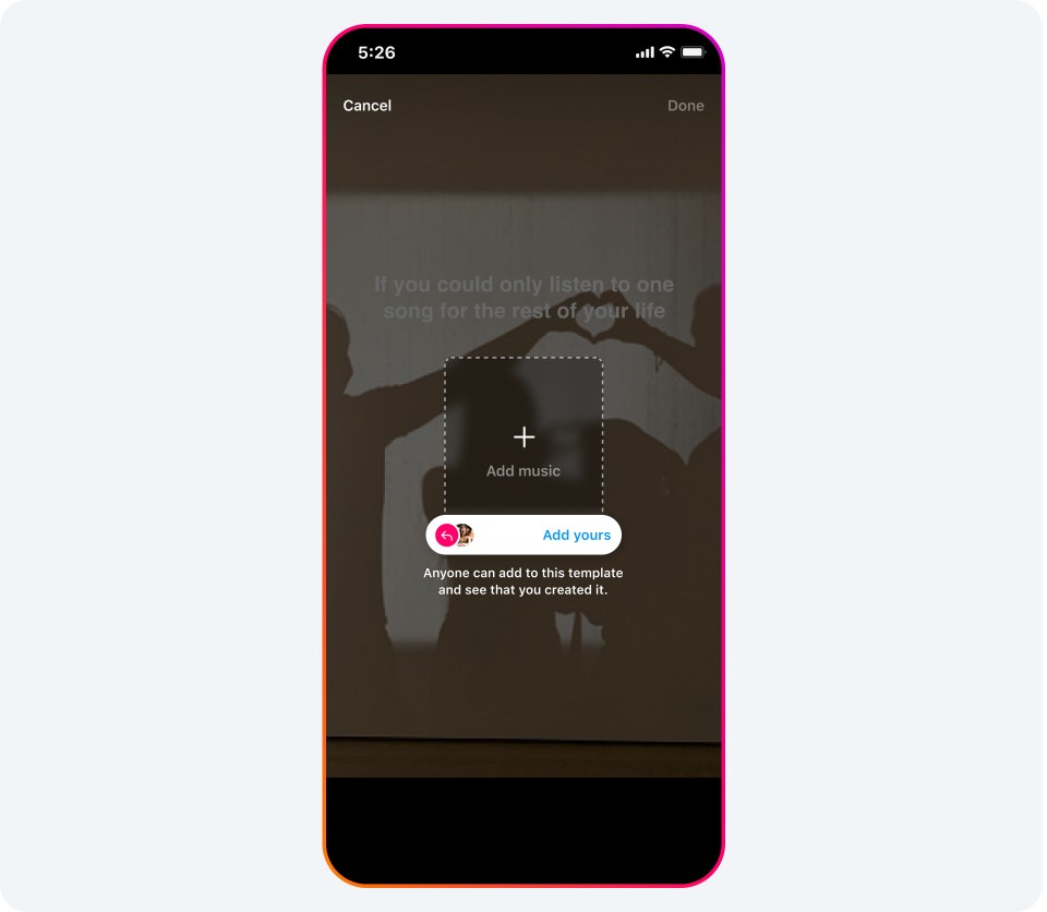 01_添加您的音乐_轮播 01 手机屏幕上显示“添加您的音乐”贴纸。